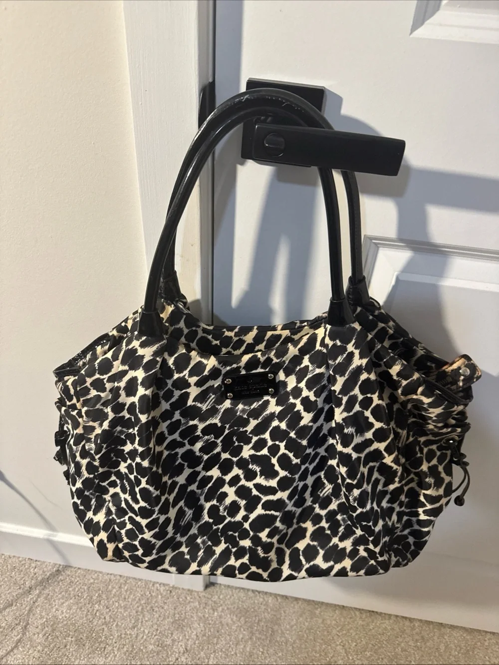 Kate Spade NY Classic Nylon Stevie Leopard Print Black Ivory Diaper Bag Tote